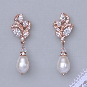Rose Gold Bridal Earrings, Rose Gold Pearl Drop Earrings, Marquise Crystal Bridal Jewelry, Fleur C
