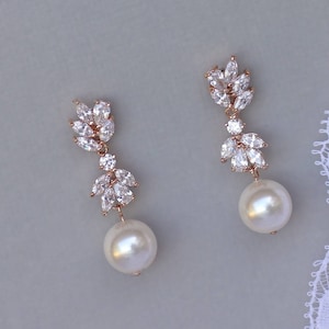 Rose Gold Bridal Earrings, Rose Gold Wedding Earrings, Pearl Drop Earrings, Crystal Earrings, Pearl Earrings, ANNIE RGP