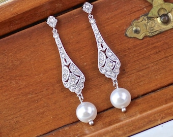 Crystal Pearl Drop Bridal Earrings,Vintage Bride Wedding Dangle Earrings,  Pearl Bridal Jewelry, NATALIA