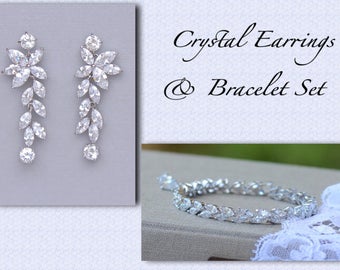 Crystal Bridal Set, White Gold Earrings Set, Crystal Earrings & Bracelet Set, Silver Bridal Set