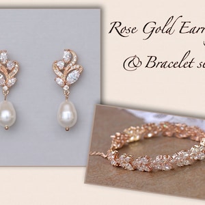 Rose Gold Jewelry Set, Bridal Jewellery Set, Teardrop Crystal Bridal Set, Rose Gold Bracelet & Earrings Set,