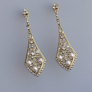 Gold Bridal Chandelier Earrings, Gold Bridal Earrings, Art Deco Wedding Earrings, Crystal Earrings, Wedding Jewelry, EMILY