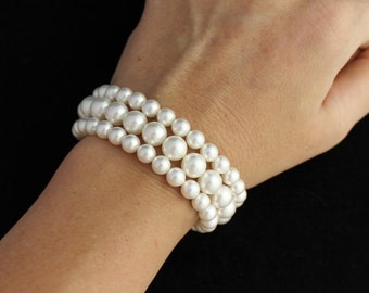 Classic Pearl Bridal Bracelet, Multi strand Pearl Bridal Cuff, Wedding Jewelry, Bridal Jewelry, Bridesmaid Bracelet,