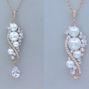 Rose Gold Crystal Pearl Bridal Earrings, Natural Pearl & Crystal Long Wedding Earrings, TILLY RG image 6