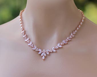 Marquise Bridal Crystal Necklace Rose Gold, Crystal Wedding Jewelry Rose Gold, Rose Gold Wedding Necklace,  DENISE RGP