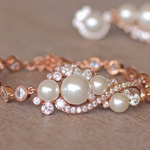 Rose Gold Crystal Pearl Bridal Earrings, Natural Pearl & Crystal Long Wedding Earrings, TILLY RG image 5