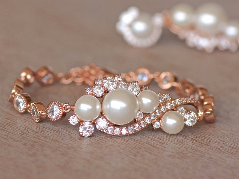 Rose Gold Crystal Pearl Bridal Earrings, Natural Pearl & Crystal Long Wedding Earrings, TILLY RG image 5