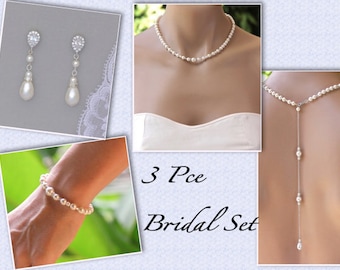 Pearl Bridal Set, 3 Piece Pearl Earring and Backdrop Necklace & Bracelet Set, Clip on Earrings option, Pearl Jewelry Set