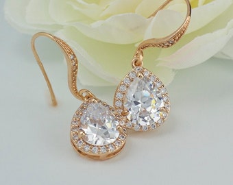 Rose Gold Bridal Earrings, Rose Gold Teardrop Earrings, Crystal Earrings, Rose Gold Jewelry,