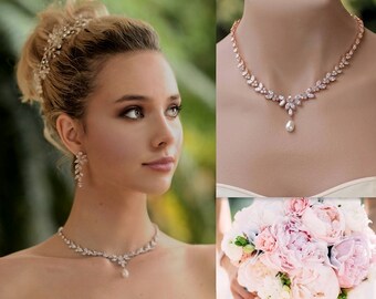 Rose Gold Crystal Drop Necklace, Marquise Zircon Rose Gold Necklace, Wedding Bridal Jewelry Rose Gold,   DENISE RGPC