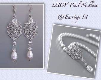 Pearl Wedding Set, Pearl Necklace & Earrings Set, Ivory Pearl Jewelry Set, Pearl Bridal Set, LUCY S