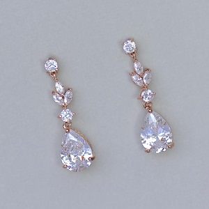 Rose Gold Crystal Bridal Earrings, Teardrop Rose Gold CZ Earrings,  ASHLEY