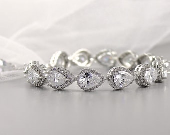 White Gold Teardrop Crystal Bracelet, Crystal Bridal Bracelet, Silver Crystal Bracelet,
