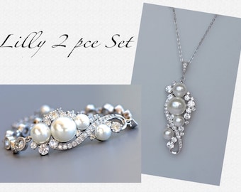 Bridal Jewelry Set, Bracelet & Necklace Set, Crystal and Pearl Wedding Jewelry Set,   TILLY