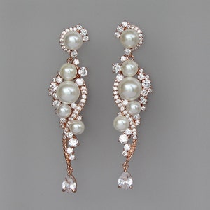 Rose Gold Crystal Pearl Bridal Earrings, Natural Pearl & Crystal Long Wedding Earrings, TILLY RG image 2