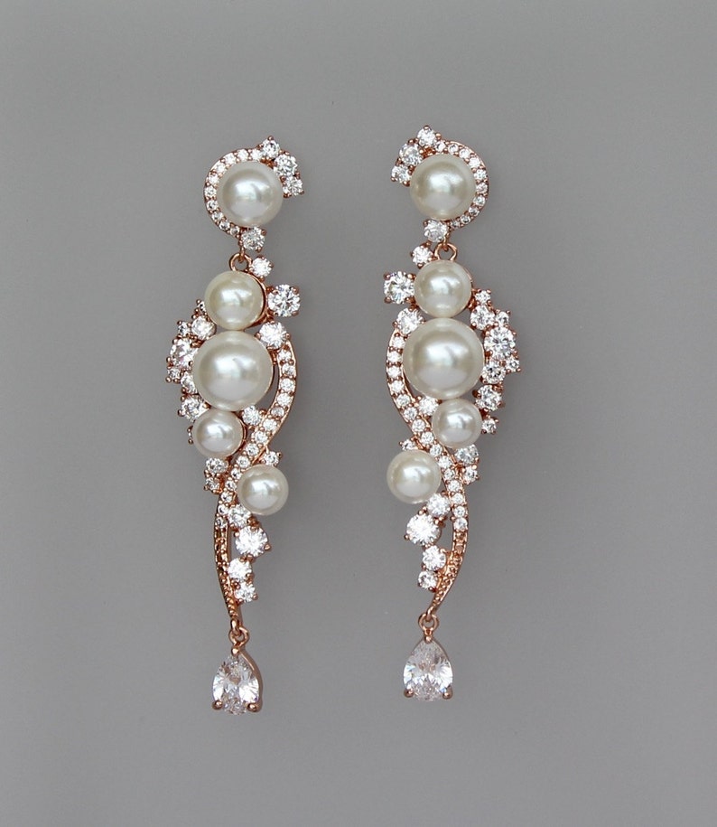 Rose Gold Crystal Pearl Bridal Earrings, Natural Pearl & Crystal Long Wedding Earrings, TILLY RG image 2