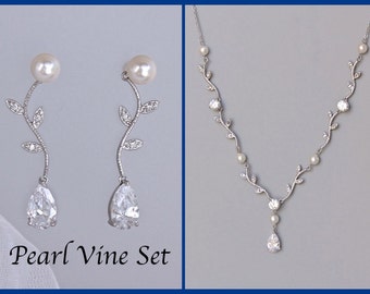 Crystal Bridal Set, Pearl and Crystal Vine Necklace and Earrings Set, Wedding Jewelry, Bridal Jewelry