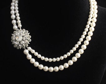 Pearl Bridal Necklace, Vintage Crystal Wedding Necklace, Wedding Jewelry, Bridal Accessories, AIMEE