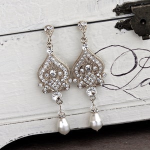 Crystal & Pearl Drop Bridal Earrings, Vintage Bride Silver Wedding Earrings, Crystal Bridal Jewelry, Bridesmaid Earrings LUCY