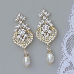 Gold Chandelier Earrings, Gold Pearl Bridal Earrings, Wedding Earrings, Bridal Jewelry, Taylor GP