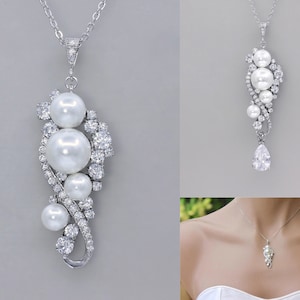Crystal and Pearl Bridal Necklace, White Gold Bridal Jewelry, Wedding Jewelry, Bridesmaid Jewelry, TILLY
