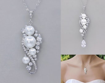 Crystal and Pearl Bridal Necklace, White Gold Bridal Jewelry, Wedding Jewelry, Bridesmaid Jewelry, TILLY