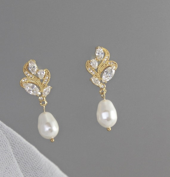 Crystal Bridal Earrings Pearl Drop Earrings Rose Gold GOLD | Etsy