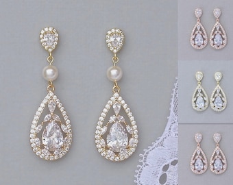 GOLD Marquise Teardrop Crystal & Pearl Earrings, Crystal Wedding Earrings, Silver and Rose Gold,  Clip On Option, COCO P