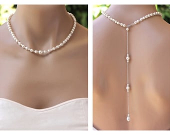 Pearl Back Drop Necklace, Bridal Backdrop Pearl Necklace, Bridesmaids Necklace , Wedding Necklace,