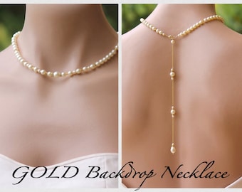 Pearl Back Drop GOLD Necklace, Bridal Backdrop Pearl Necklace, Gold Bridesmaids Necklace , Wedding Necklace GOLD