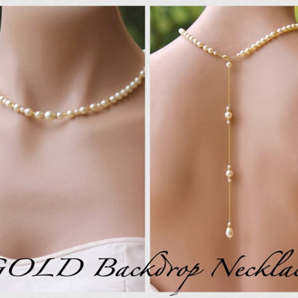 Pearl Back Drop GOLD Necklace, Bridal Backdrop Pearl Necklace, Gold Bridesmaids Necklace , Wedding Necklace GOLD