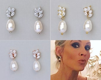 Crystal Pearl Drop Gold Bridal Earrings, Crystal & Pearl Rose Gold Earrings, Silver Crystal and Pearl Wedding Jewelry, ARIA