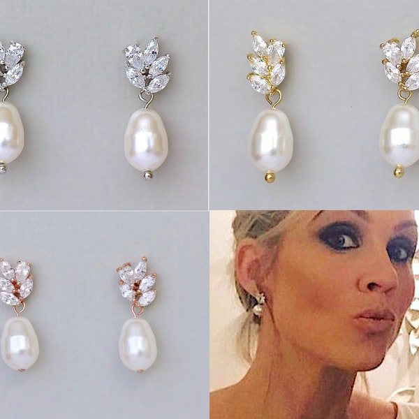 Crystal Pearl Drop Gold Bridal Earrings, Crystal & Pearl Rose Gold Earrings, Silver Crystal and Pearl Wedding Jewelry, ARIA