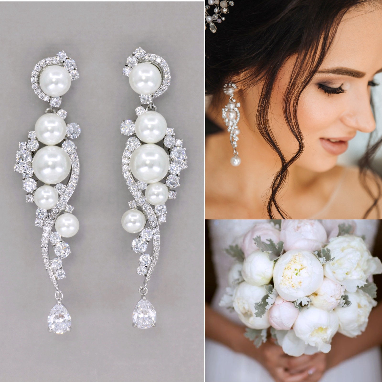 Pearl Crystal Chandelier Wedding Earrings, Rhodium CZ