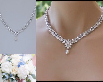 Crystal Marquise Statement Bridal Necklace, Crystal and Pearl Drop Necklace, Crystal Bridal Wedding Jewelry, COLETTTE