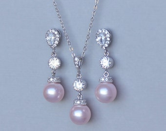 Bridal Jewelry set, Pink Blush Pearl Bridal Jewelry Set, Bridal Earrings & Necklace set, CLIP ON-Pierced Earrings, Bridal Jewelry set, MILLY