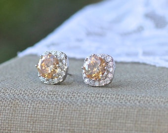 Champagne CZ Halo Stud Bridal Earrings, Blush Crystal Bridesmaids Earrings,