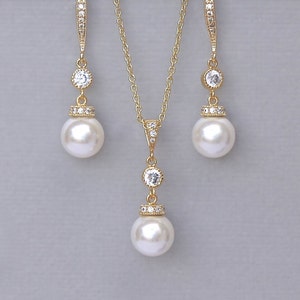 Goldschmuckset, Perlen-Brautschmuckset, Elfenbein-Perlenohrringe & Perlenhalskette, MILLY Gold
