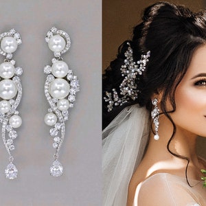 Crystal and Pearl Long Bridal Earrings, Chandelier Wedding Earrings, Rhinestone Silver Bridal Earrings, TILLY