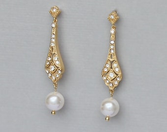 Gold Chandelier Earrings, Gold Bridal Earrings, Pearl Drop Earrings, Vintage Bridal Jewelry, NATALIA G