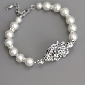 Pearl and Crystal Bridal Bracelet, Deco Pearl Bracelet, Silver Bridal Bracelet, Wedding Cuff, Bridal Accessories, LUCY