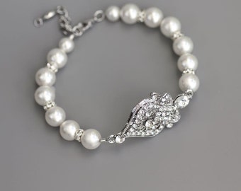 Pulsera nupcial de perlas y cristales, pulsera de perlas decorativas, pulsera nupcial de plata, brazalete de boda, accesorios de novia, LUCY