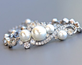 Silver Pearl and Crystal Bridal Bracelet, Natural Pearl Crystal Wedding Bracelet, Wedding Bridal Jewelry, Bridesmaid Bracelet TILLY