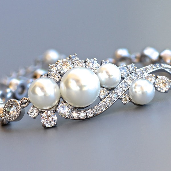 Silver Pearl and Crystal Bridal Bracelet, Natural Pearl Crystal Wedding Bracelet, Wedding Bridal Jewelry, Bridesmaid Bracelet TILLY