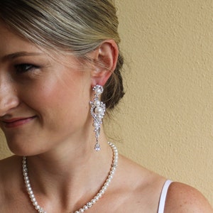 Rose Gold Crystal Pearl Bridal Earrings, Natural Pearl & Crystal Long Wedding Earrings, TILLY RG image 3