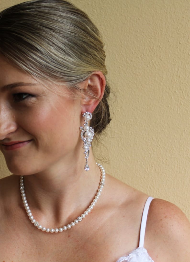 Rose Gold Crystal Pearl Bridal Earrings, Natural Pearl & Crystal Long Wedding Earrings, TILLY RG image 3