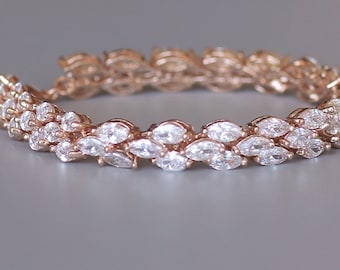 Rose Gold  Bridal Bracelet, Rose Gold Crystal Bracelet, Pink Gold Crystal Jewelry, Wedding Tennis Bracelet, Crystal Wedding Jewelry, INDIA