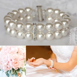 Double Pearl Bridal Bracelet, Swarovski Pearl 2 Strand Bridal Cuff, Pearl Bridal Jewelry, Pearl Bridesmaid Bracelet