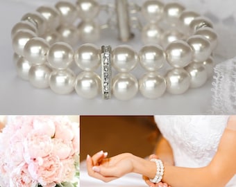 Double Pearl Bridal Bracelet, Swarovski Pearl 2 Strand Bridal Cuff, Pearl Bridal Jewelry, Pearl Bridesmaid Bracelet