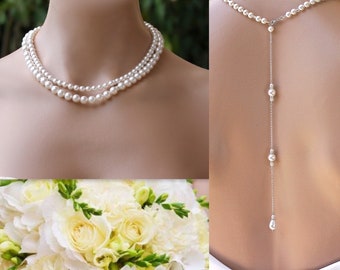 Pearl Bridal Backdrop Necklace, 2 Strand Pearl Wedding Back Necklace, Bridal Jewelry, Wedding Jewelry, Bridesmaids Necklace